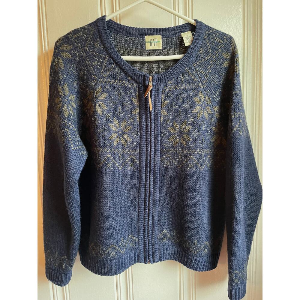 Vintage 90s Y2K Gap Size S Blue Wool Full Zip Cardigan Sweater Snowflake Pattern